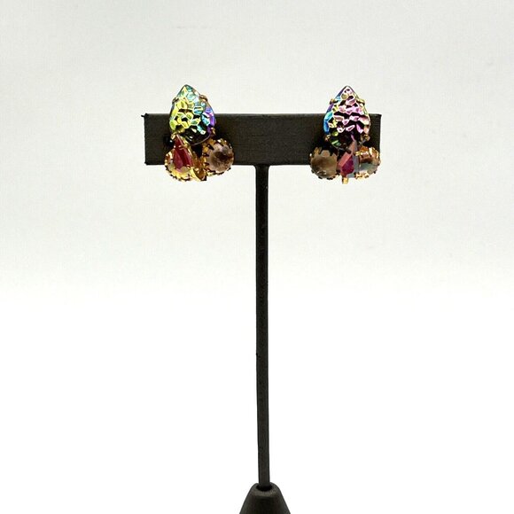 Vintage West Germany Earrings Lava Rock Peacock Glass Clip Earrings Gold Tone 1" - Picture 4 of 11